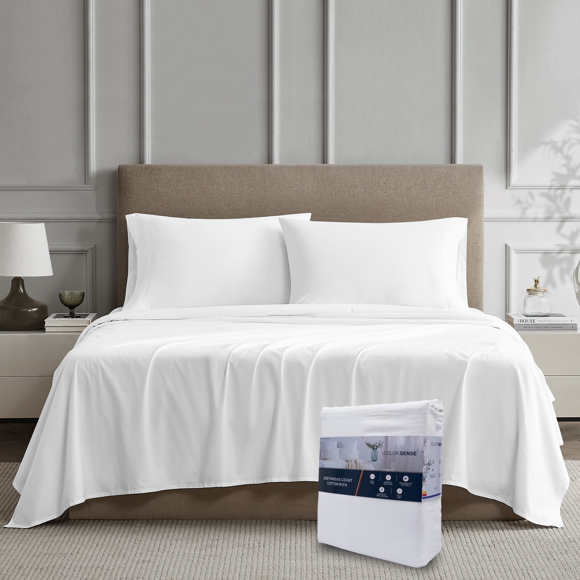 Color Sense 4-Piece 100% Cotton Percale Bed Sheet Set, Cool & Crisp Bedding, Queen, White