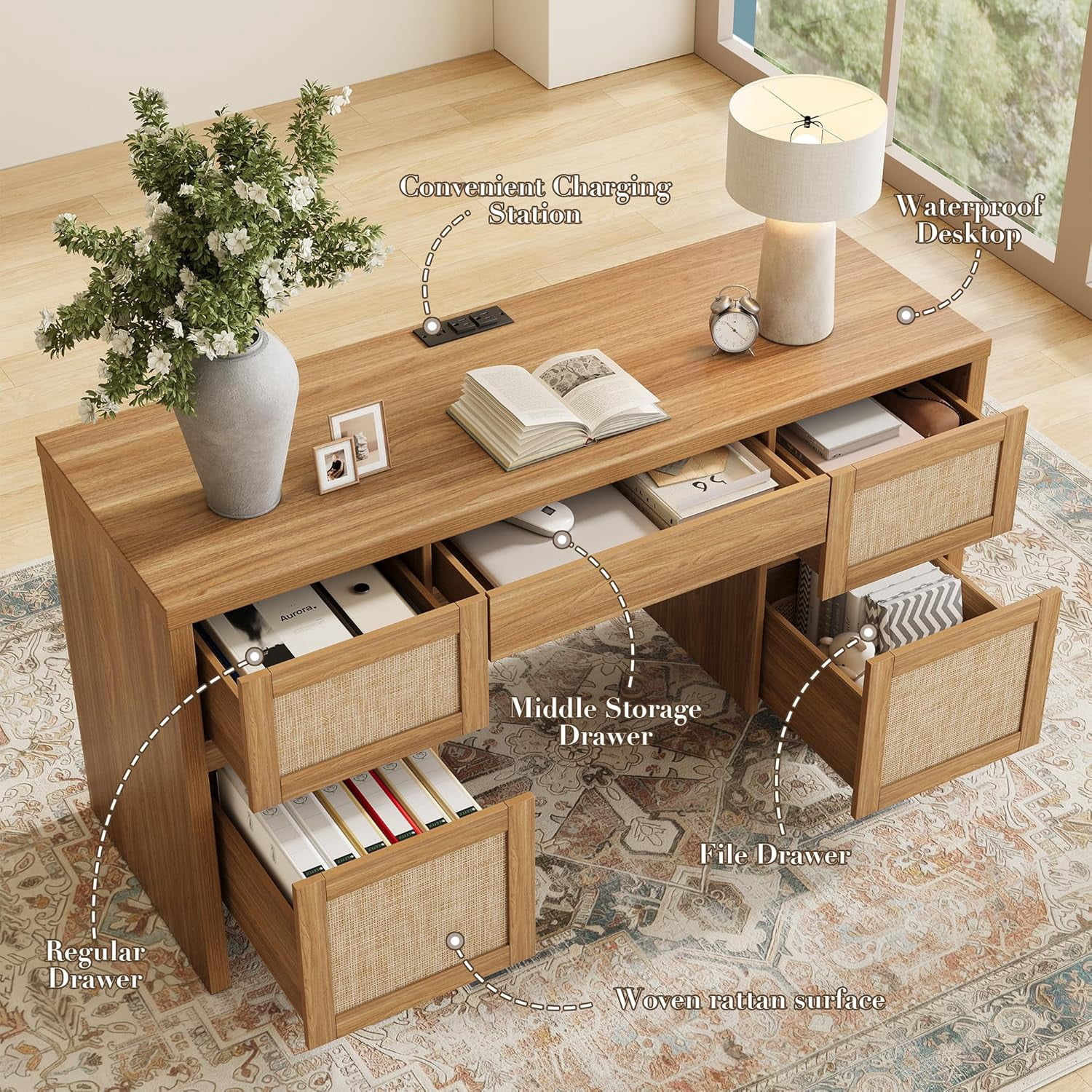 XIAO WEI 57" Rattan Desk with 5 Drawers & Charging Station, Walnut Brown