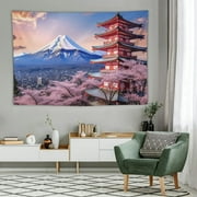 BCIIG Small Japanese Pink Cherry Blossom Tapestry, Mount Fuji Asian Anime Tapestry Wall Hanging, Japan Pagoda Sunset Tapestry Wall Art for Kids Bedroom Living Room Hippie Party Decor, 60X40 Inches