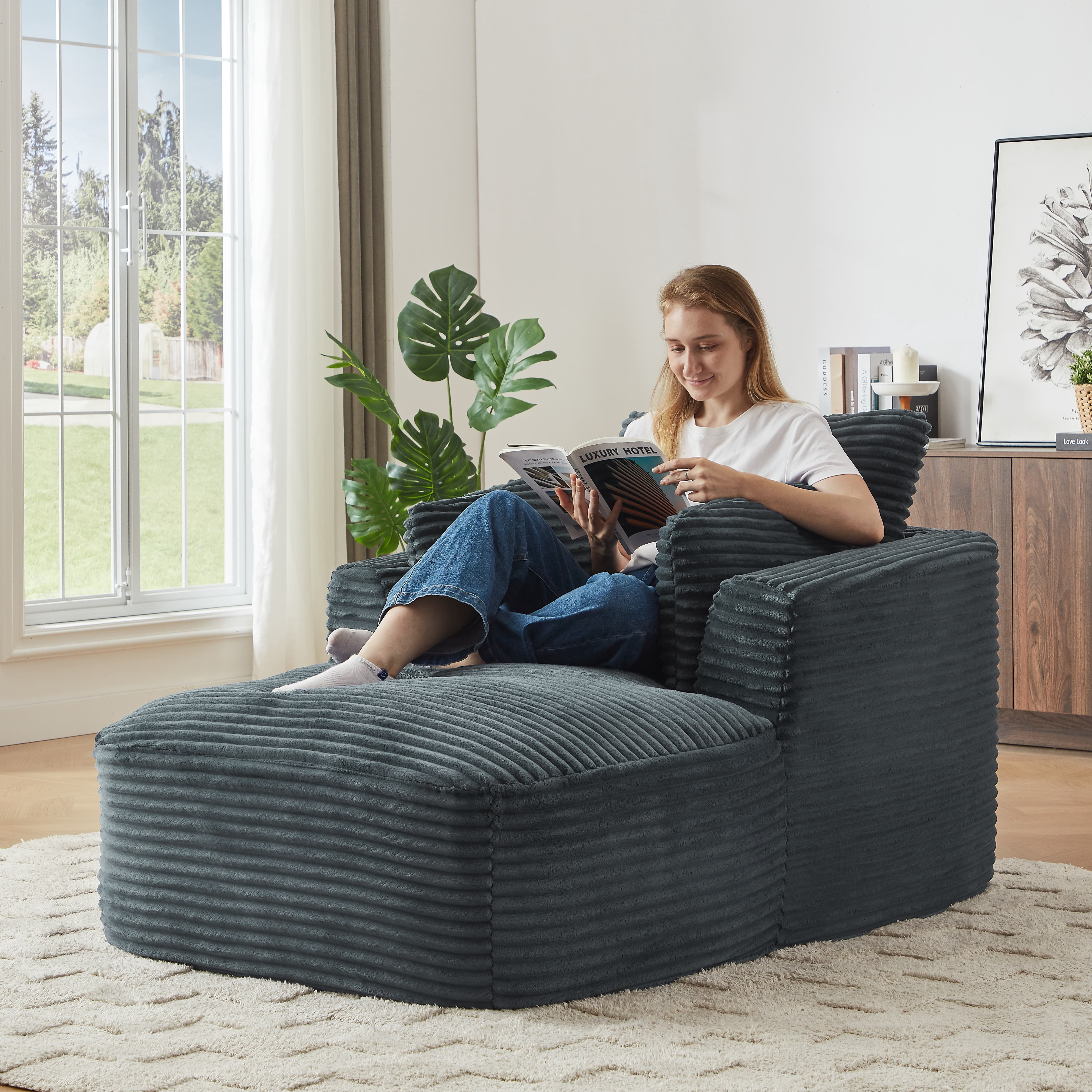MAYEERTY Oversized Corduroy Chaise Lounge Sofa, Modern Couch with Spring Cushion for Apartment, 45*65*36"Dark Grey