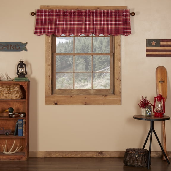 VHC Brands Rustic Red Plaid Braxton Scalloped Curtain for Kitchen & Dining Room Valance 16x60