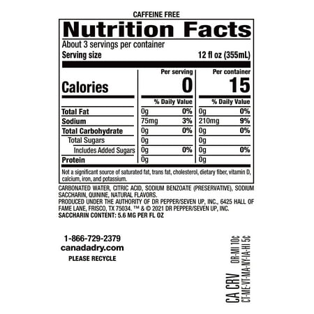 Canada Dry Caffeine Free Zero Sugar Tonic Water, 1 L, Bottle