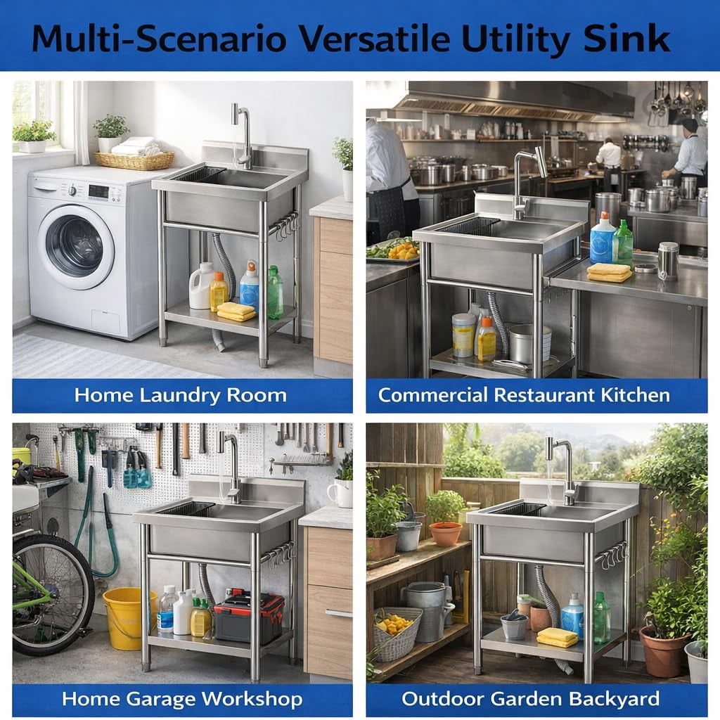 Kicctian Stainless Steel Utility Sink, 24'' × 21'' × 36'' Freestanding Stainless Steel Single Bowl Laundry Sink with T Shape Faucet for Kitchen, Bathroom, Garage or Basement