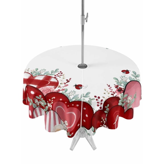 Outdoor Tablecloth with Umbrella Hole and Zipper, Red Pink Valentine's Day Round Table Cloth 60 Inch Waterproof Tablecloth, Love Heart Eucalyptus Leaves Picnic Table Cover for Patio Camping