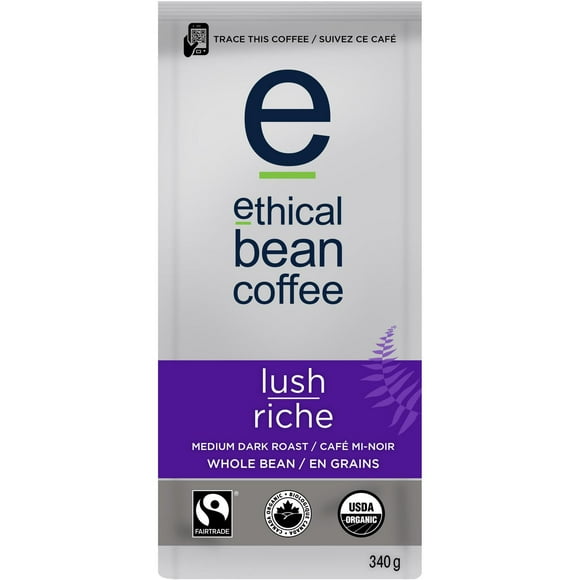 Ethical Bean Fairtrade Organic Coffee, Lush Medium Dark Roast, Whole Bean Coffee, 340g