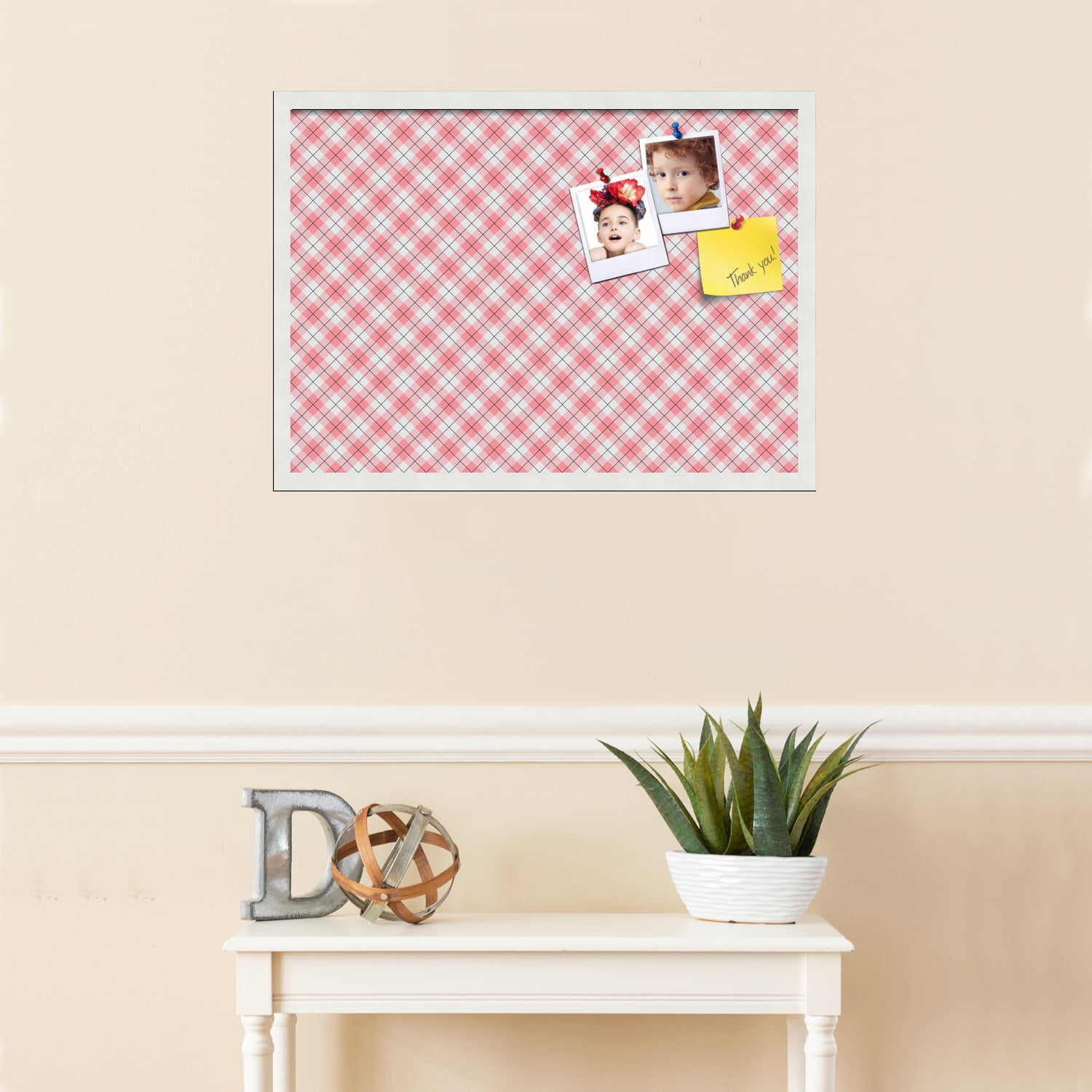 PinPix ArtToFrames 26x18 Custom Cork Bulletin Board Argyle Light Pink   Poster Board Has a Fabric Style Canvas Finish, Framed in Satin White Frame (PinPix-649)