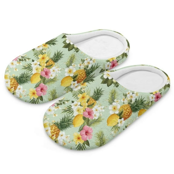 FUIALDOLG Tropical Pineapple Flower Print Slippers for Women Memory Foam House Bedroom Soft Closed Toe Indoor Slippers Trendy Gift for Womens Anti-Skid Sole, Size 6-7