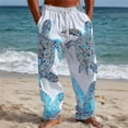 thumbnail image 2 of Beach Pants for Men Sea Turtle Print Loose Fit Elastic Waist Wide Straight Leg Cotton Linen Casual Pants with Pockets, 2 of 4