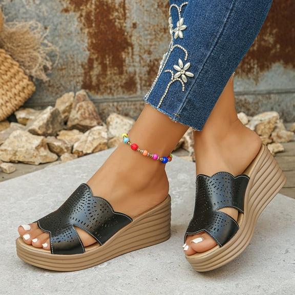 THDHVS Wedge Sandals for Women,Womens Sandals Comfortable,Women's Fashion Casual Summer Large Size High Heel Thick Bottom Wedge Heel Solid Color Fish Mouth Sandals Black 6