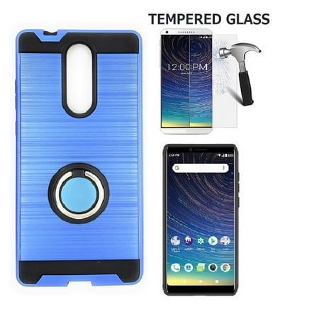 Phone Case for Coolpad Legacy (6.36” Screen), Metallic Brushed Design Shockproof Protection Finger Ring Stand Cover Case + Tempered Glass Screen Protector