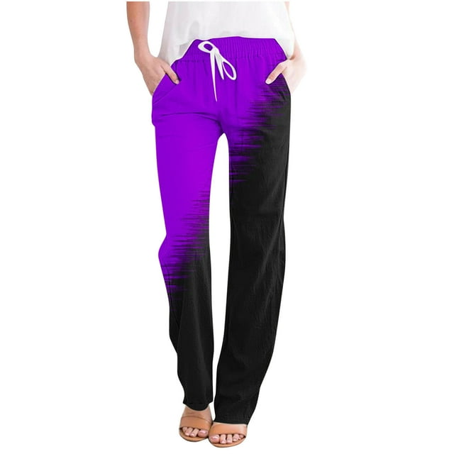FAIWAD Women's High Waist Straight Leg Linen Pants, Color Block, Drawstring, Loose Trousers with Pockets