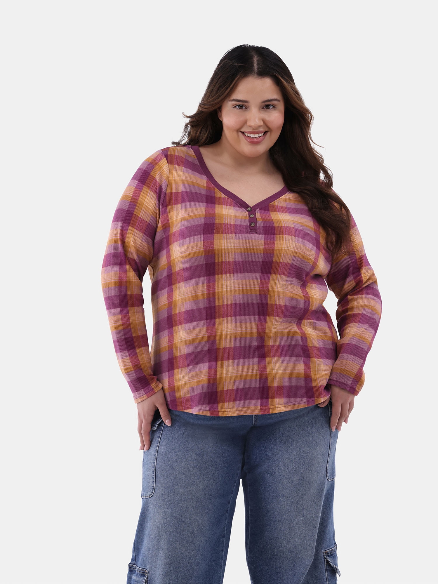 Terra & Sky Women's Plus Thermal Henley Top, Available in 1 and 2-Pack, Sizes 0X-5X