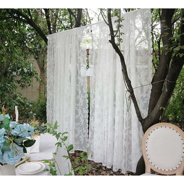 2 Panels Lace Sheer Curtains Voile Curtains Rod Pocket White Floral Curtain  for Windows, Curtain Panels with 2 Ties for Balcony Garden Banquet, W59 x  H59 inch 