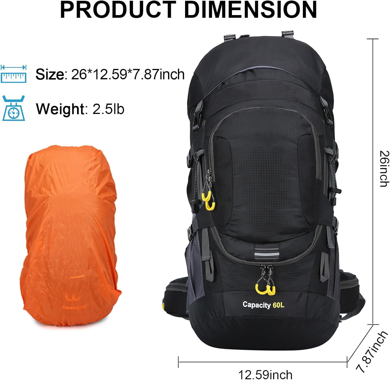 SHANNA 60L Waterproof Hiking Camping Backpack with Rain Cover Camping Rucksack Lightweight Hunting Rucksack, Black