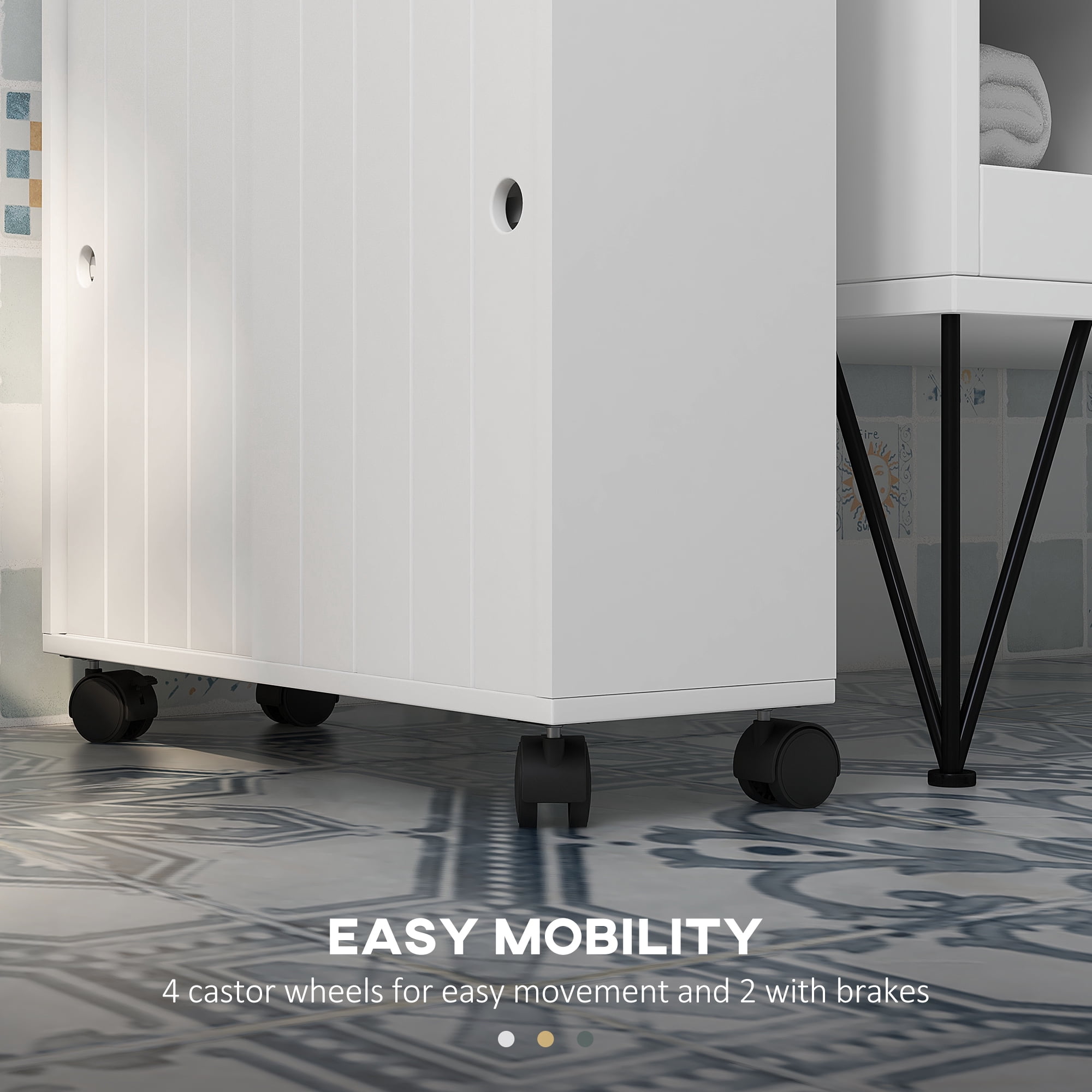 kleankin Small Bathroom Storage Cabinet on Wheels, Slim Toilet Paper Cabinet with 2 Holes, Sliding Doors and Adjustable Shelf, White