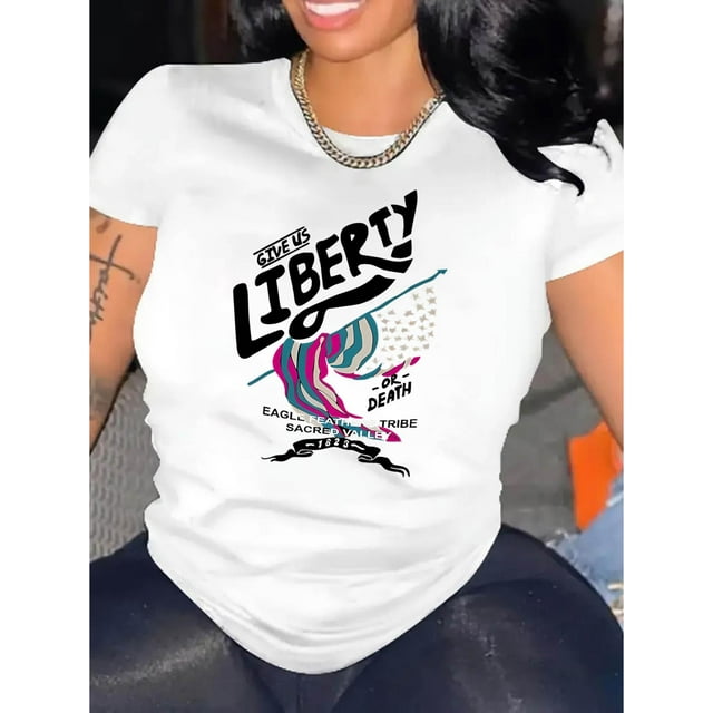 Camiseta Suelta para Mujer Primavera VeranoWomen's Patriotic "Liberty" Graphic Tee - Casual Short Sleeve T-Shirt with Bold Flag Design, Comfortable Summer Top for Casual Attire, Country T ShirtsFath