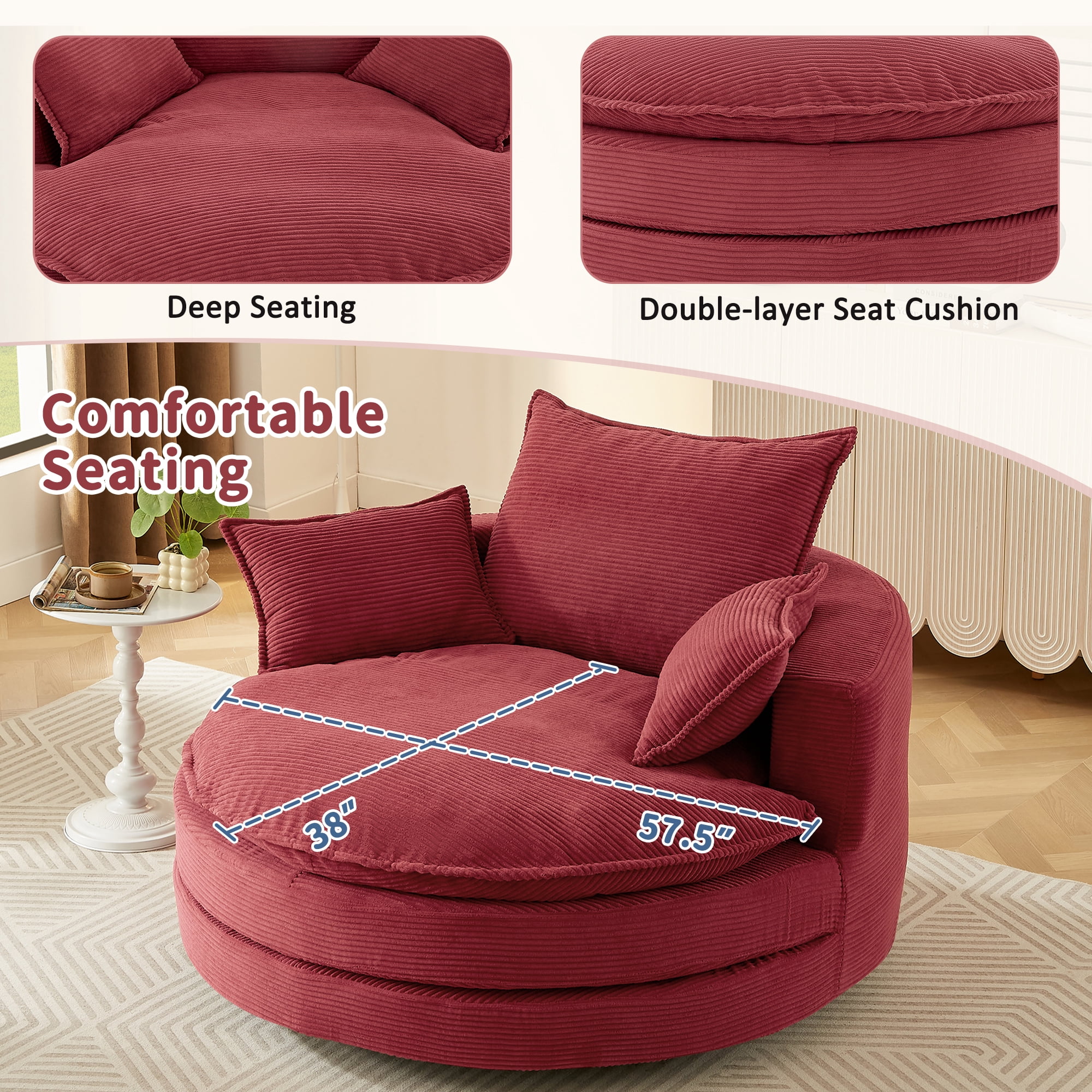Euroco Oversized Round Swivel Chair with Corduroy Upholstery and Deep Seat, 360° Rotation Lounge Chair with Pillows for Living Room or Bedroom – 57.5" W x 56.5" D x 35.25" H