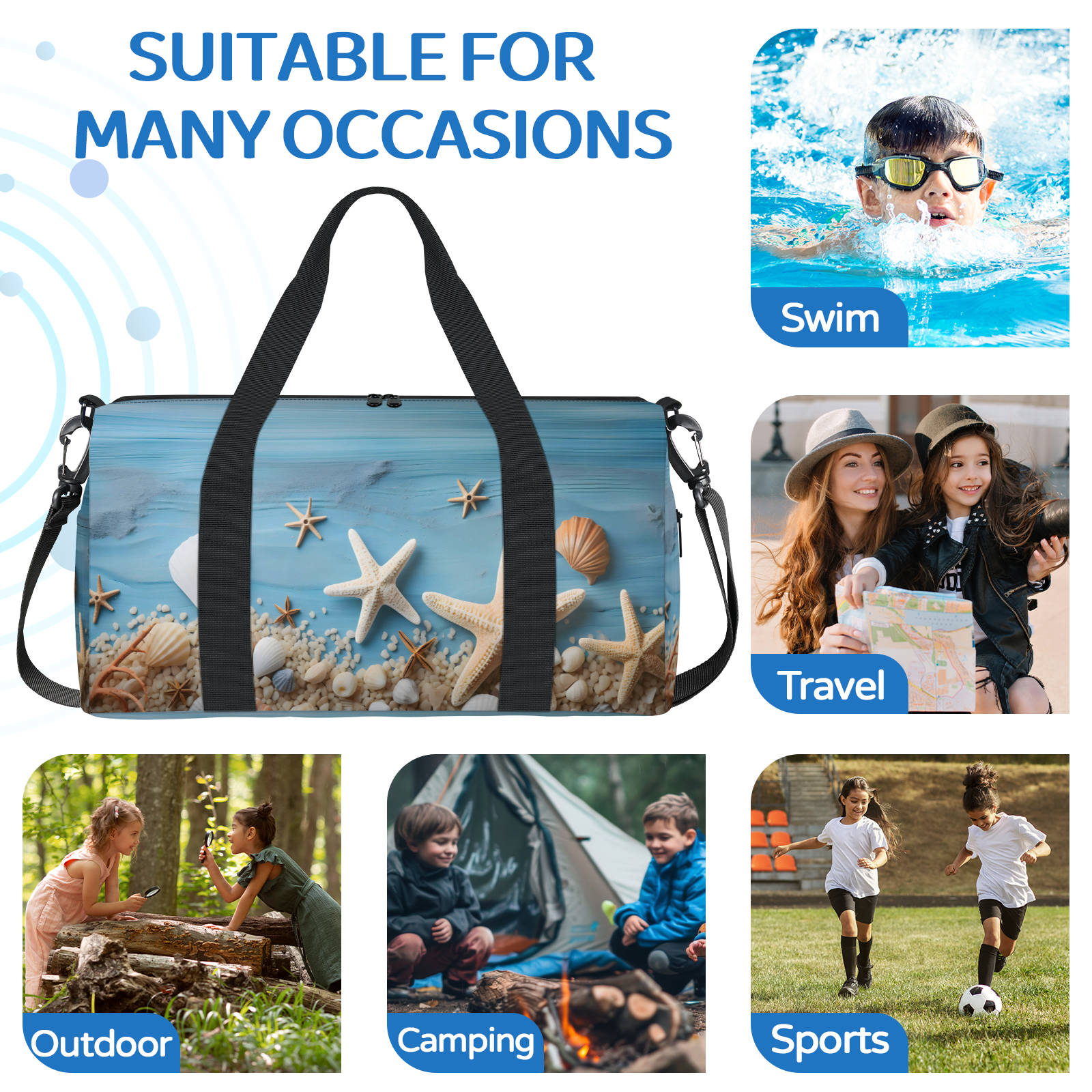 Herdesigns Blue Ocean Starfish Seashell Travel Duffle Bag Sports Yoga Weekender Overnight Carry on Workout Bags Lightweight Waterproof Gym Tote Bag for Women