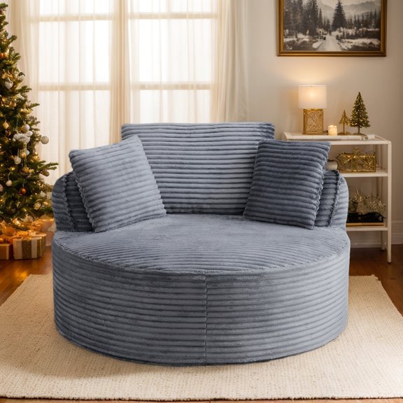 CKEASEAN 53.5" Corduroy Modern Round Chaise Longue Chair Indoor, Comfy Deep Seat Single Lounge Floor Sofa Chair with Pillow, No Assembly Required, Upholstered Cloud Couch for Living Room/Office