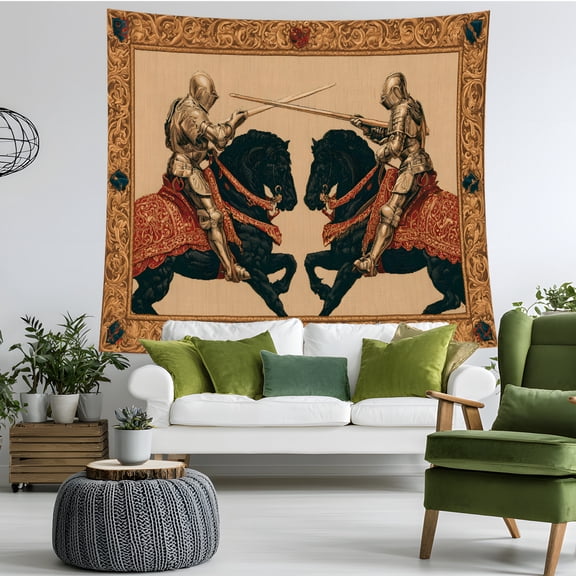 Medieval Jousting Knight Tapestry Wall Hanging, Black Horse Castle Wall Decor, Vintage Gothic Room Decor for Bedroom Living Room Dorm