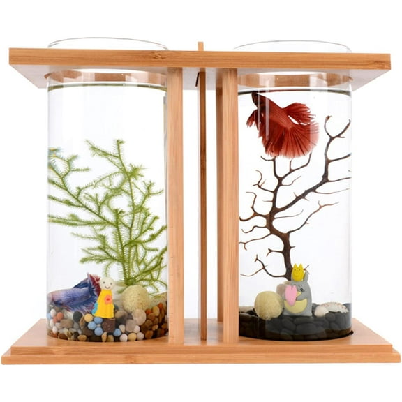 Acrylic Mini Fish Tank,Creative Wood Desktop Mini Aquarium Tank Bowl with LED Light for Goldfish Betta Small Fish Aquarium Small Fish Tank Office Business Home Decor