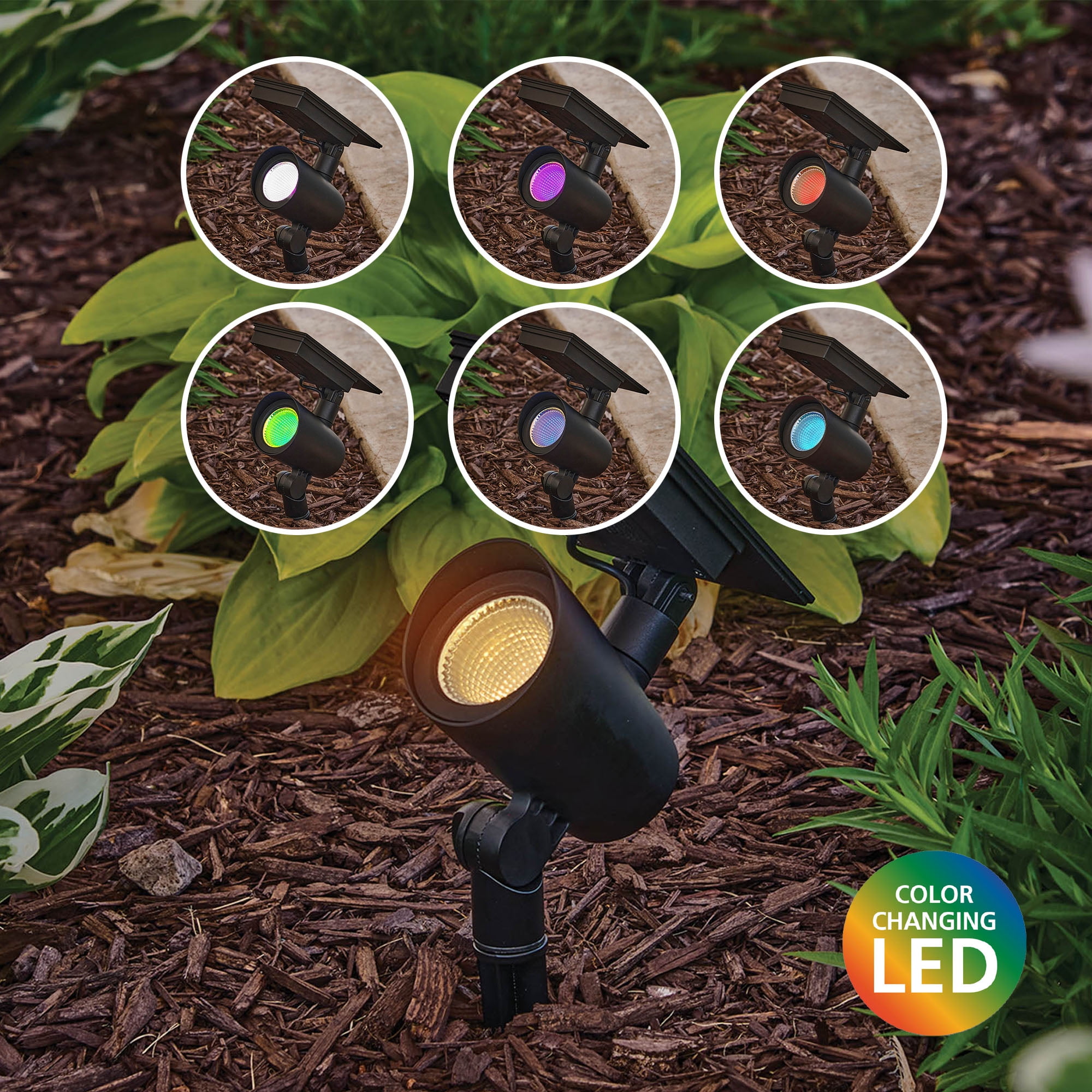 Better Homes & Gardens Taylor Solar Powered Black Cast Metal Color Lock LED Spotlight, 150 Lumens, 2 Pack