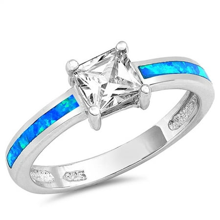 - Sterling Silver Women's Flawless Colorless Cubic Zirconia Blue Simulated Opal Simulated Princess Cut Solitaire Square Ring (Sizes 5-10) (Ring Size 8)