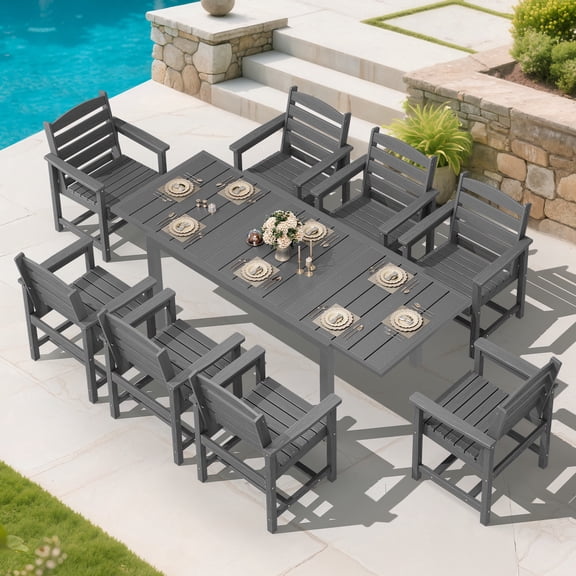 SERWALL 9-Piece Outdoor Dining Set with Expandable Patio Dining Table and 8 Chairs, 60–83 Inch All-Weather HDPE Patio Furniture Sets for Backyard, Garden, Deck, Poolside - Gray