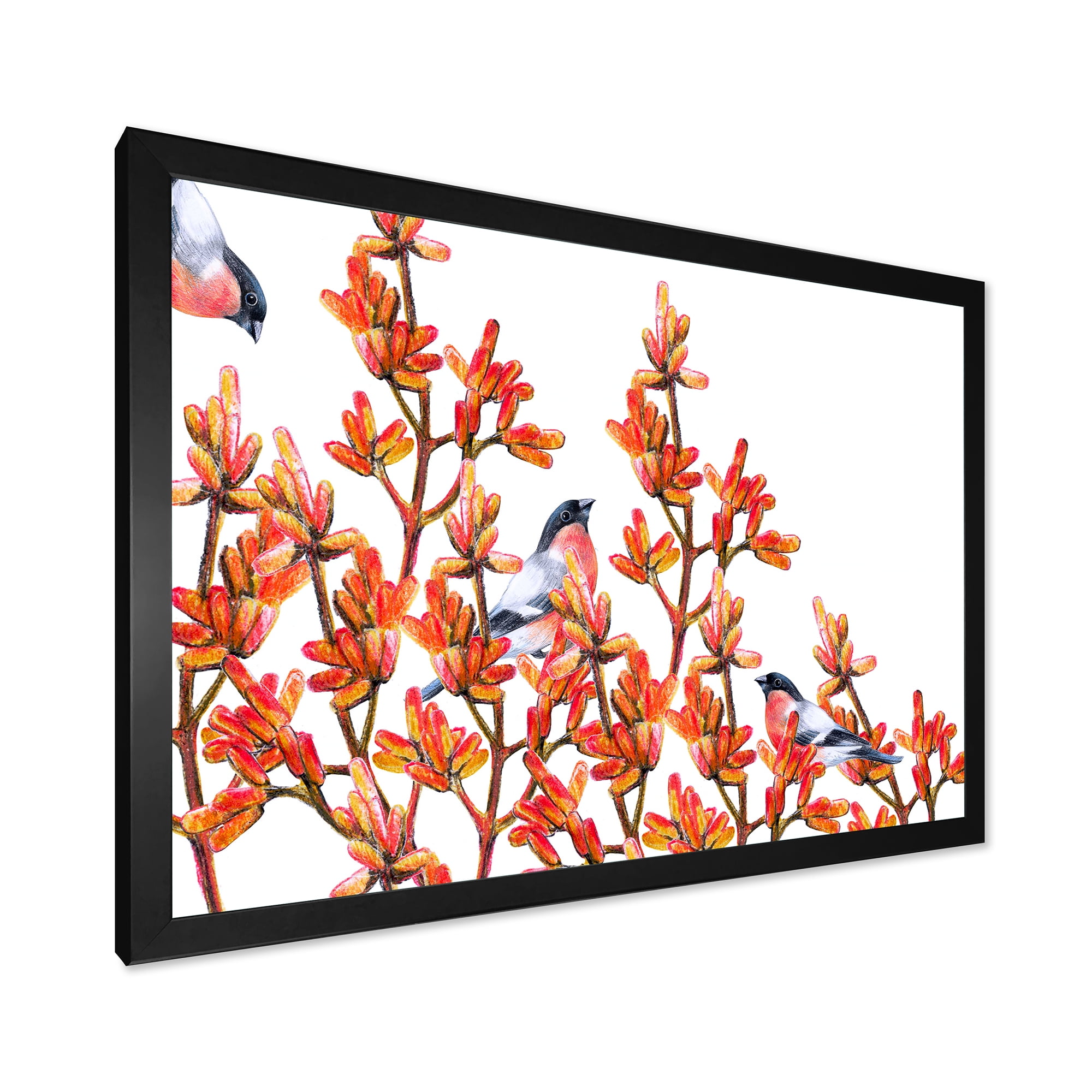 Designart 'Flock of Bullfinches Birds Sitting on Orange Branches' Traditional Framed Art Print