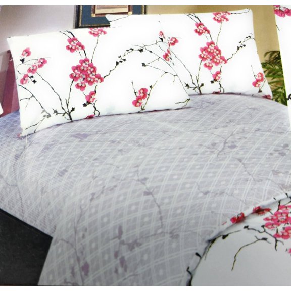 DaDa Bedding Floral Cherry Blossoms Red White Purple Fitted Sheet & Pillow Cases Set - Full - 3-Pieces