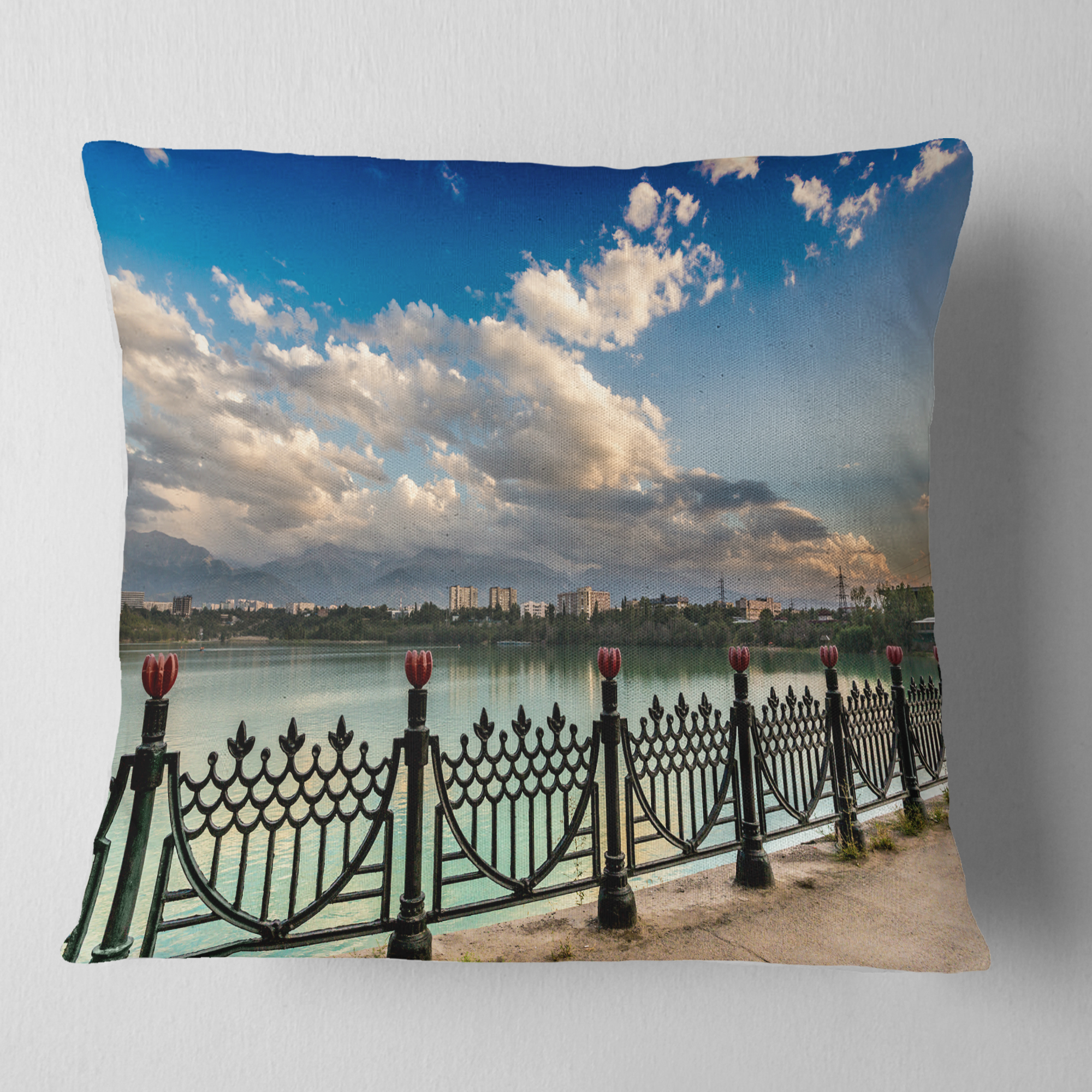 Designart City Lake Under Clouds - Cityscape Photography Throw Pillow - 16x16