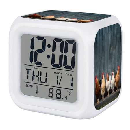 Vintage Roosters Digital Alarm Clock for Bedrooms, Smart LED Alarm Clock with 7 Color Changing Night Light, Wooden Retro Animals Farmhouse Art Silent Wake Up Clocks for Sleep Study Cooking 3.2x3.2