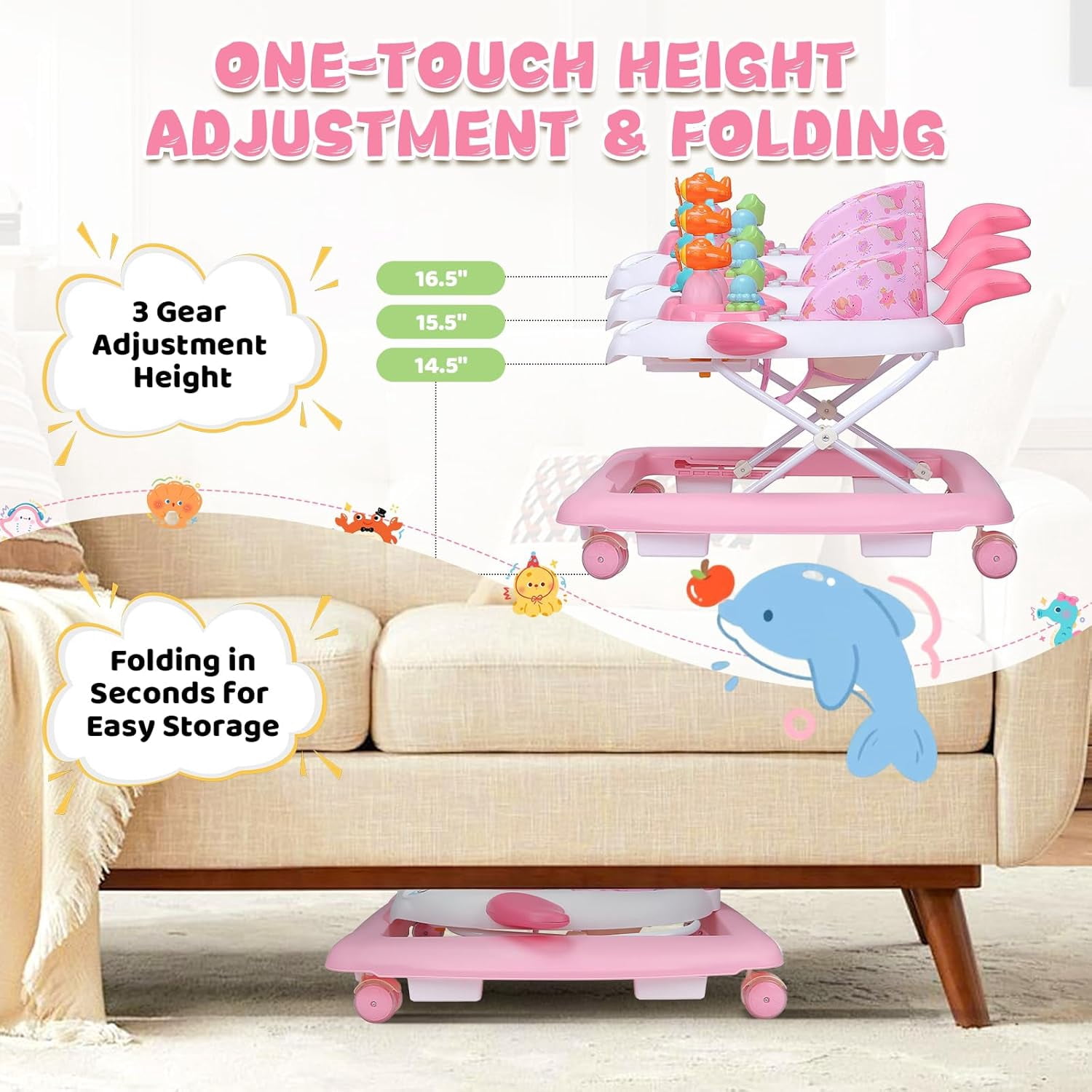 PRVAETU Baby Walker & Activity Center W/ Music & Lights,3 Adjustable Height, Anti-Rollover & Foldable for Infant Boy and Girl 6-18 Months,Pink Print