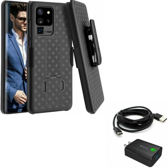 Home Charger w Case Belt Clip for Samsung Galaxy S20 Ultra - 18W Fast 6ft USB-C Cable Type-C, Holster Swivel Cover