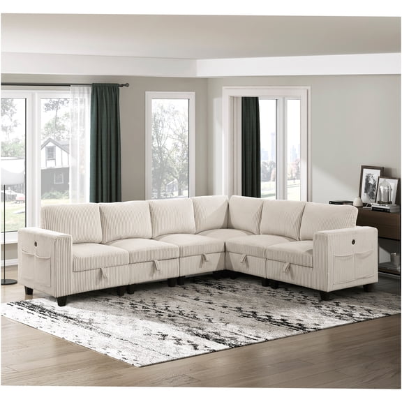 JERFIT 6-Piece Modular Sectional Sofa with Storage, USB Charging, Beige Corduroy Fabric for Modern Living Room