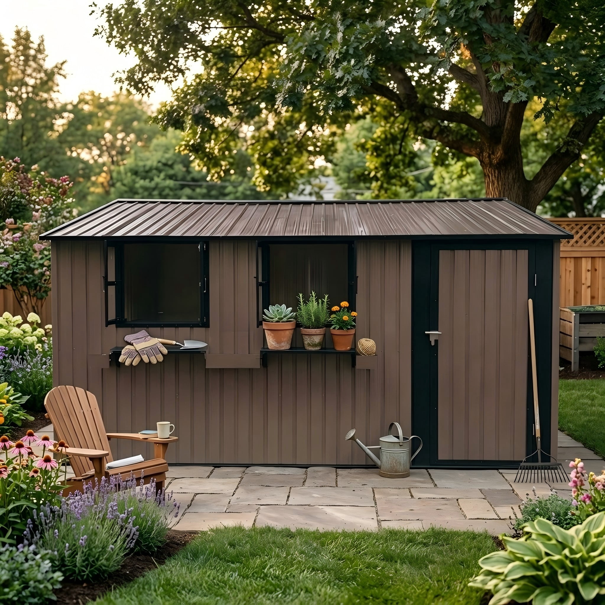 Aukfa 12x10 FT Outdoor Metal Storage Shed with 3 Windows & Flower Racks, Lockable Steel Garden Tool Shed for Lawn Mowers, Bikes and Patio Equipment, Brown