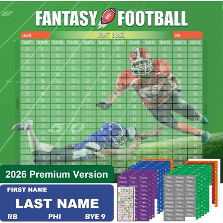 Fantasy Football Draft Board 2026-2027 Kit, 12 Teams 20 Rounds, 600+ Labels | Rookies & Draft Schedule for Live Draft Parties, 600+ Player Labels & Blank Stickers