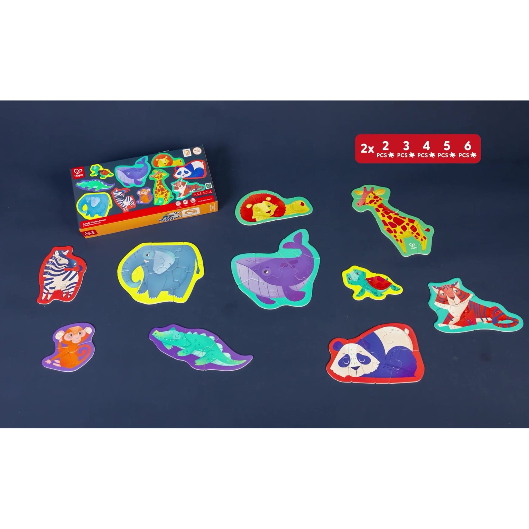 Hape: Jungle Friends Puzzle - 10 Mini Animal Shaped Puzzles, 2-6 Oversized Pieces Each, Colorful Design, Preschool Toy, Toddlers & Kids Ages 18mo+