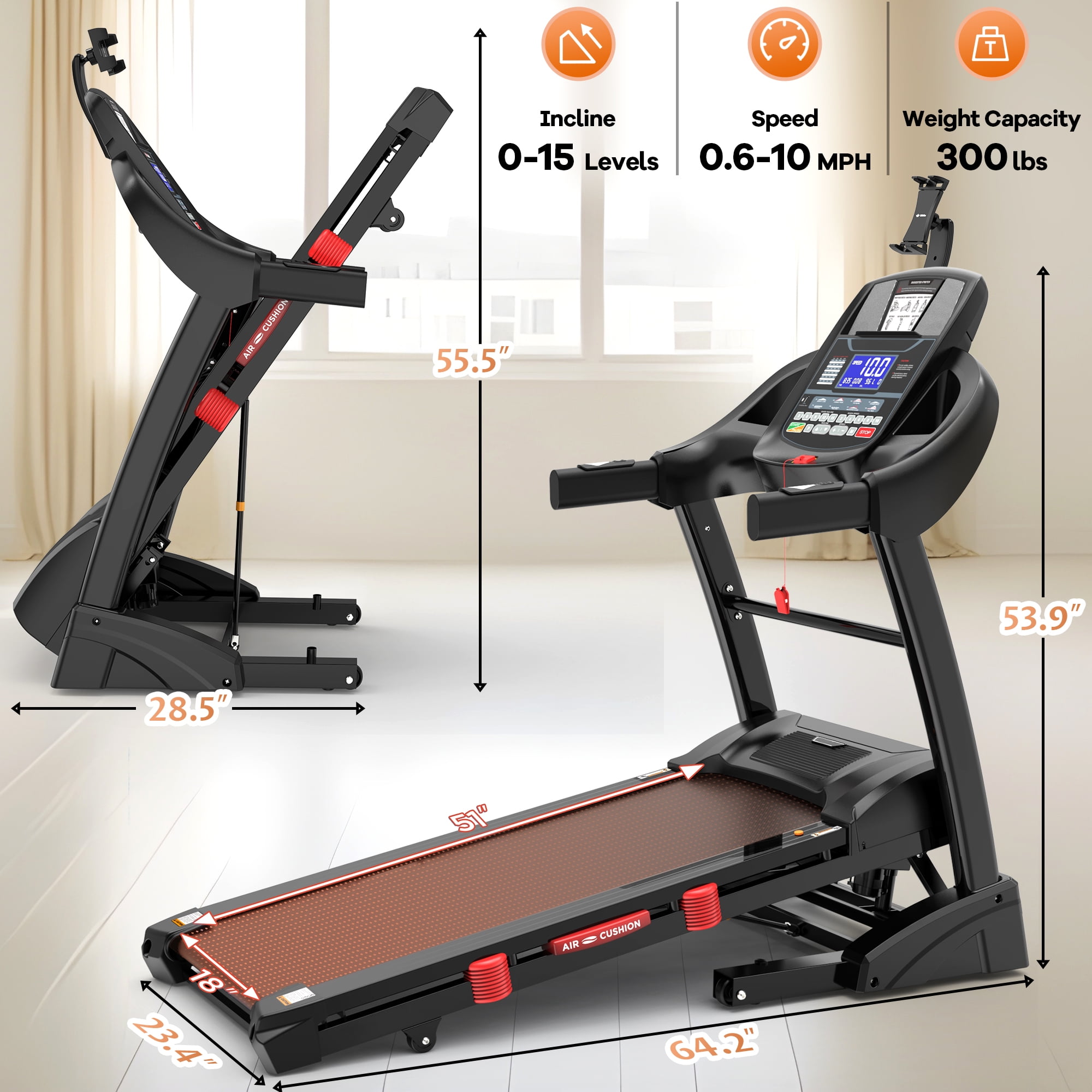 4.75HP Folding Treadmill with 300lbs Capacity, 71 Programs Treadmill with 15 Auto Incline for Home, 10MPH Speed, Silent Brushless Motor, Bluetooth & HiFi Stereo Speakers