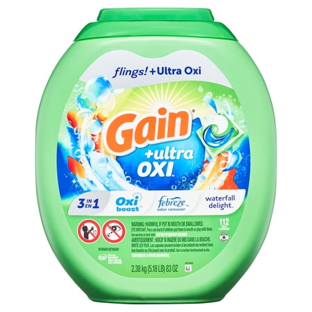 Gain Flings Ultra Oxi Laundry Detergent Pacs, Waterfall Delight Scent, 112 Count