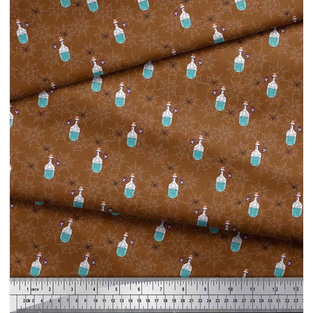 Soimoi Brown Rayon Fabric Spider,Web & Vintage Bottle Print Fabric by Yard 56 Inch Wide