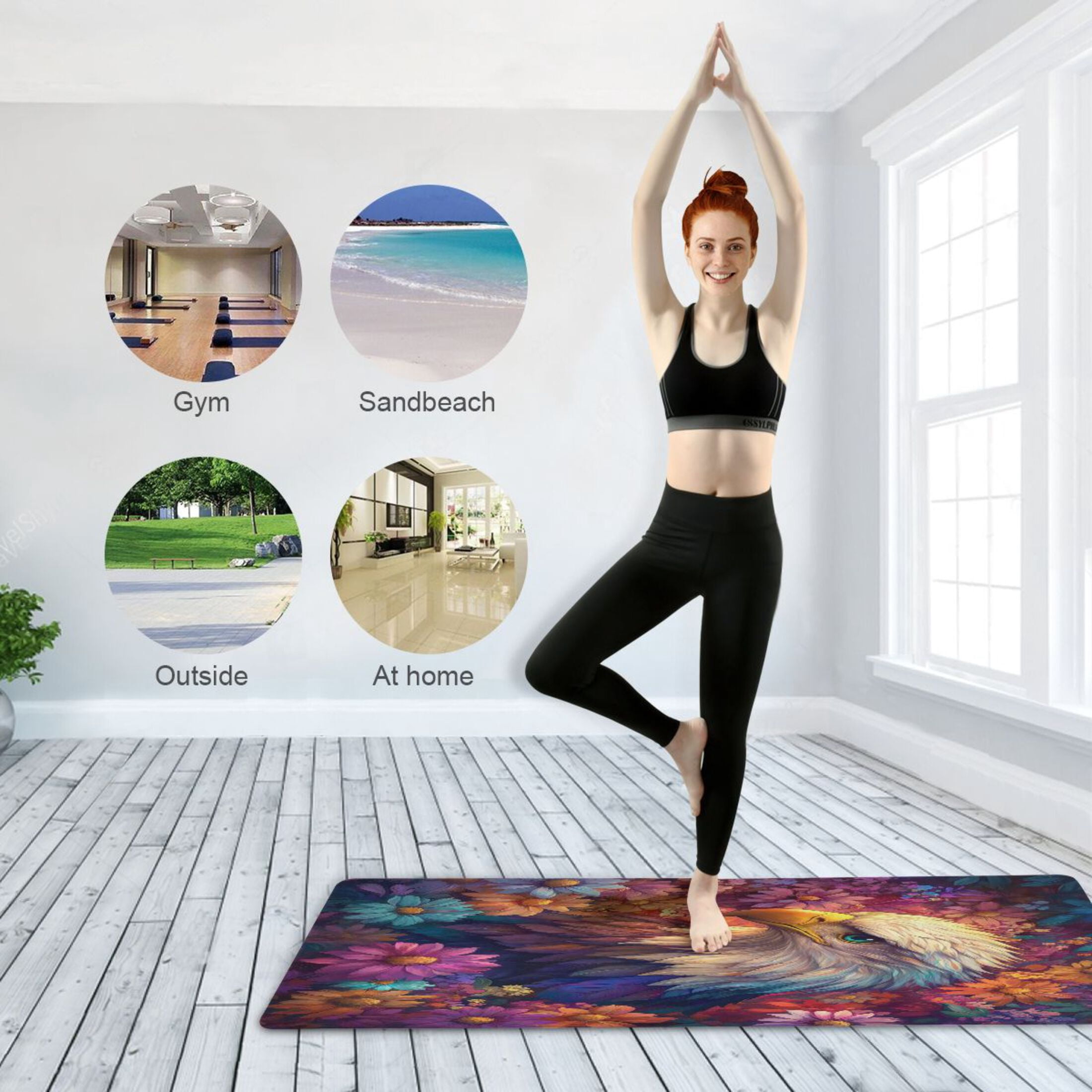 BZSMCE Yoga Mat Women Raptor Surrounded by Colorful Flowers Fitness Mat