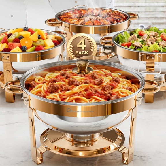 WARMOUNTS Rose Golden Chafing Dish Buffet Set 4 Pack, 5QT Round Stainless Steel Chafer with Lid & Holder for Party Catering Events