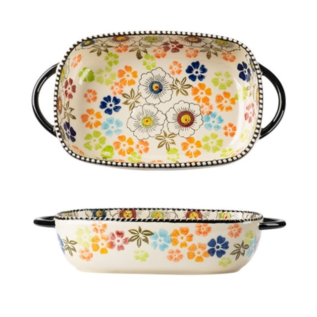 Hand-Painted Ceramic Double-Handled Baking Pan Colorful Floral Square Tableware Microwave Oven Roast Chicken