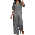 thumbnail image 2 of Pounoo Linen Sets for Women 2 Piece Collared Split Neck Cropped Top High Waist Pleated Wide Leg Pants Summer Resort Casual Matching Outfits Gift, 2 of 9