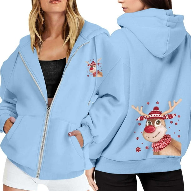 WILLBEST Sudadera Deportiva para Mujer Ladies' Christmas Printed Zipper Long Sleeved Pocket Adjuststring Casual Hooded Sweatshirt 2270 Chica