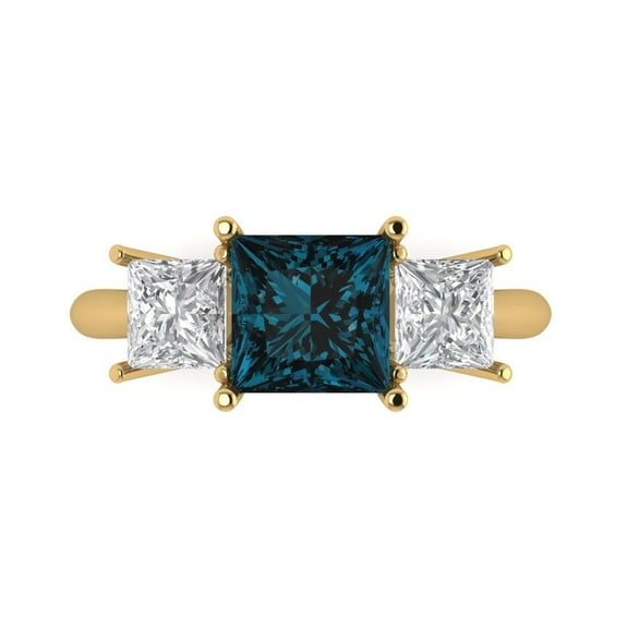 2.5 ct Princess Cut Natural London Blue Topaz Three-Stone Engagement Ring for Women in 14K Yellow Gold