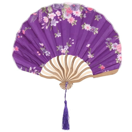 - Bamboo Frame Floral Pattern Chinese Style Tassel Decor Hand Folding Fan Purple