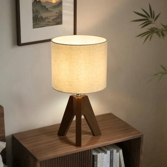 Booniture Set of 2 Small Bedside Table Lamp,Wooden Tripod Nightstand Lamp for Bedroom,Living Room,Office,Home with Fabric Linen Shade,Walnut
