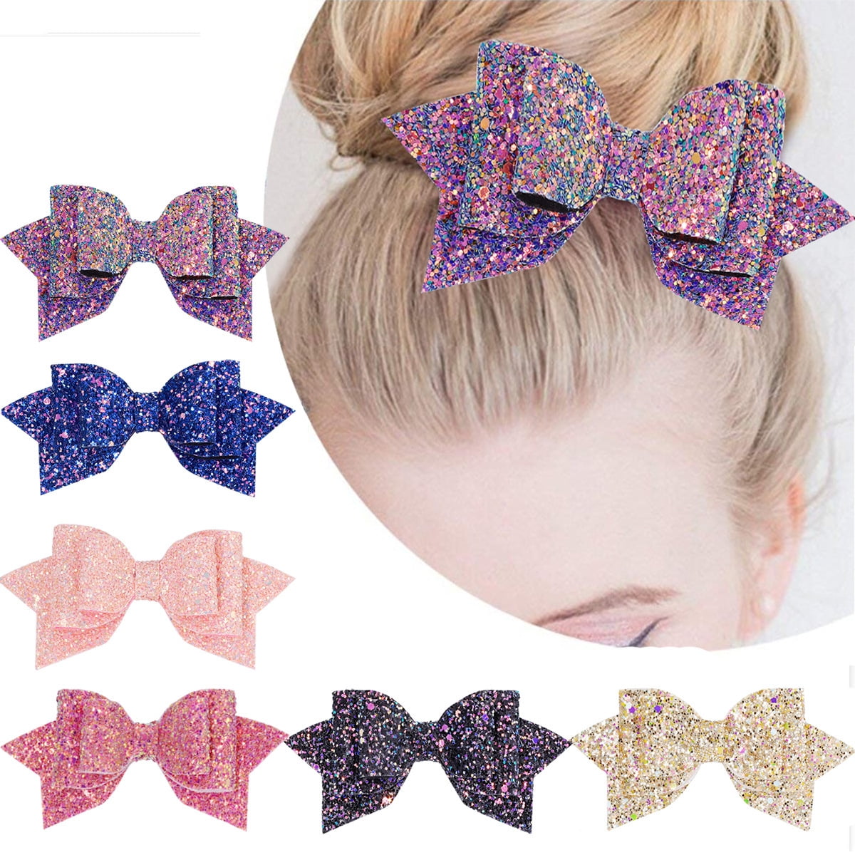 UK Seller Girls Handmade 3pk Baby/toddler Glitter Hair Bow Clips Glitter Gold 